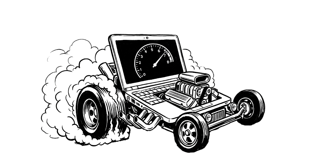The company logo is a laptop speeding away like it is a hotrod doing a burnout