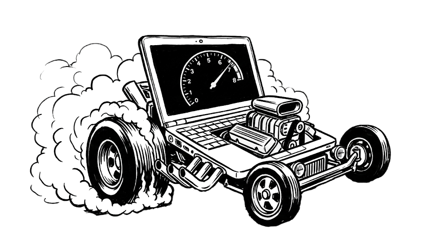 The company logo is a laptop speeding away like it is a hotrod doing a burnout